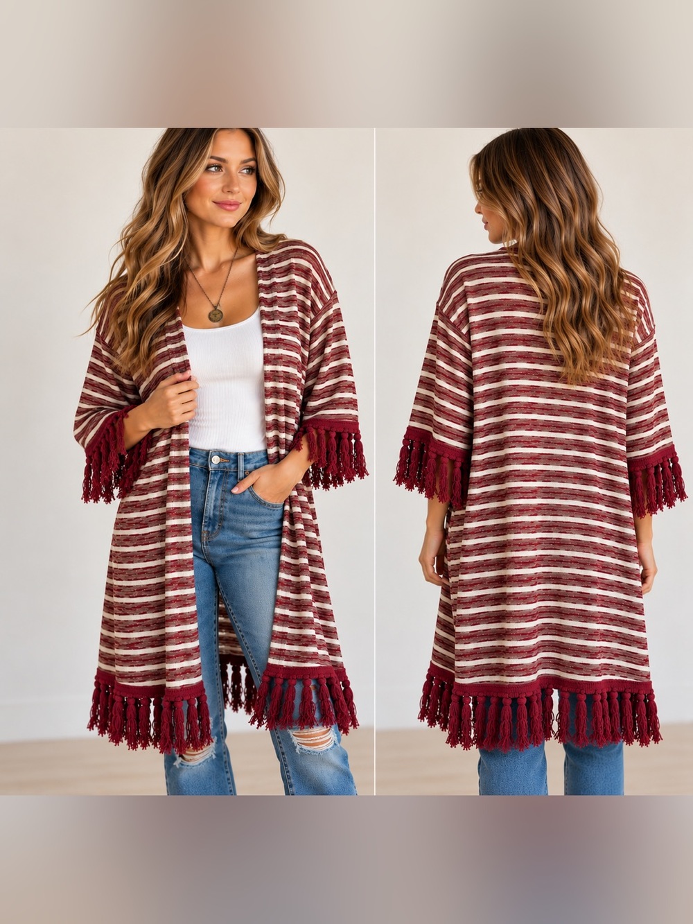 Entro Boutique Burgundy Cream Striped Fringe Open Front Cardigan L